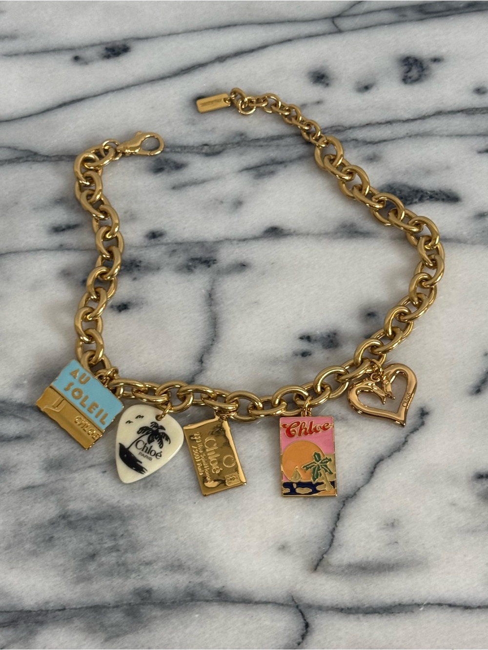 ‘The Chloe Postcards’ Chloe Gold Charm Bracelet w/ Blue, Pink & White Accents